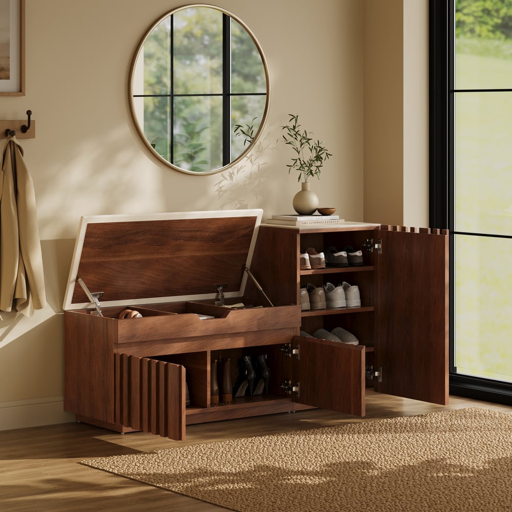 Banc de rangement à chaussures Aura 47" en bois de noyer avec armoire sur le côté droit pour entrée image de fenêtre
