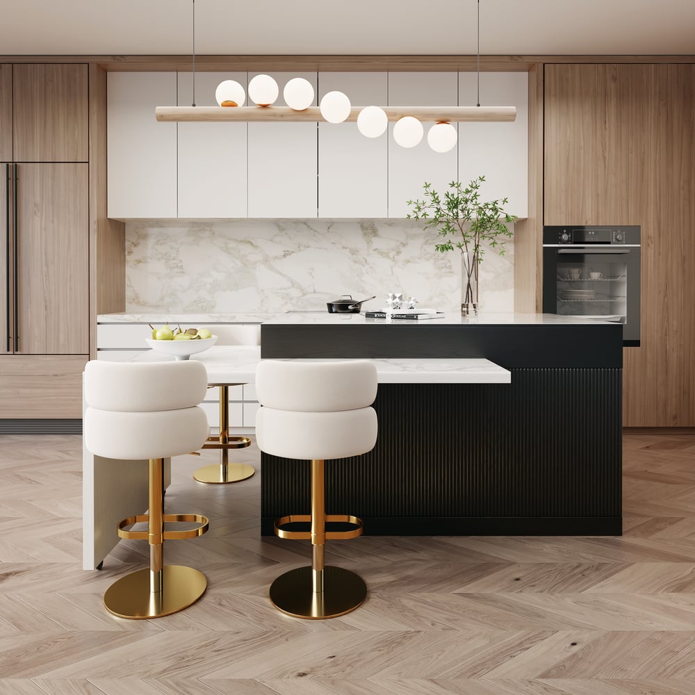 81"–112" Modern Extendable Glossy Sintered Stone Kitchen Island with Storage, White & Black window image