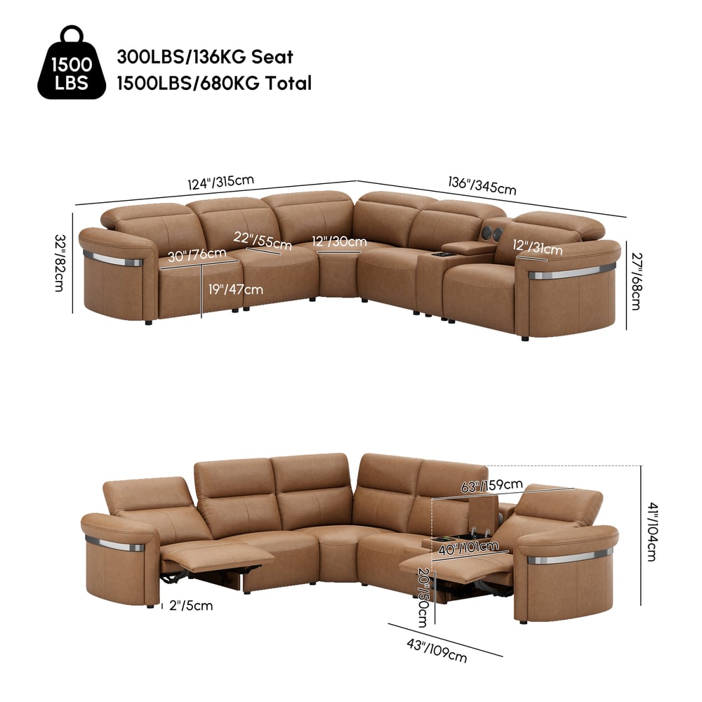 Genuine Leather Multifunction Media Console Power Reclining Sofa weights dimensions image