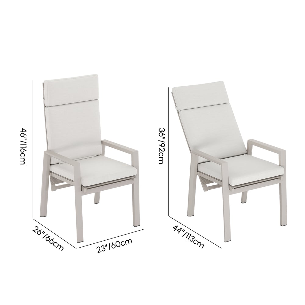 Conjunto de Jantar para Exterior de 5 Peças em Alumínio e Pedra Sintetizada Extensível e Reclinável na cor Areia Imagem com pesos e dimensões