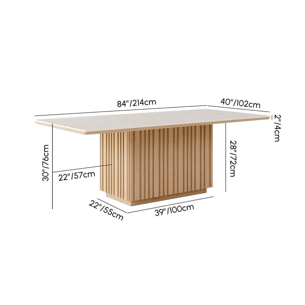 Table à manger rectangulaire Aura 214 cm en pierre frittée effet travertin, base cannelée, 8 places Poids, dimensions, image