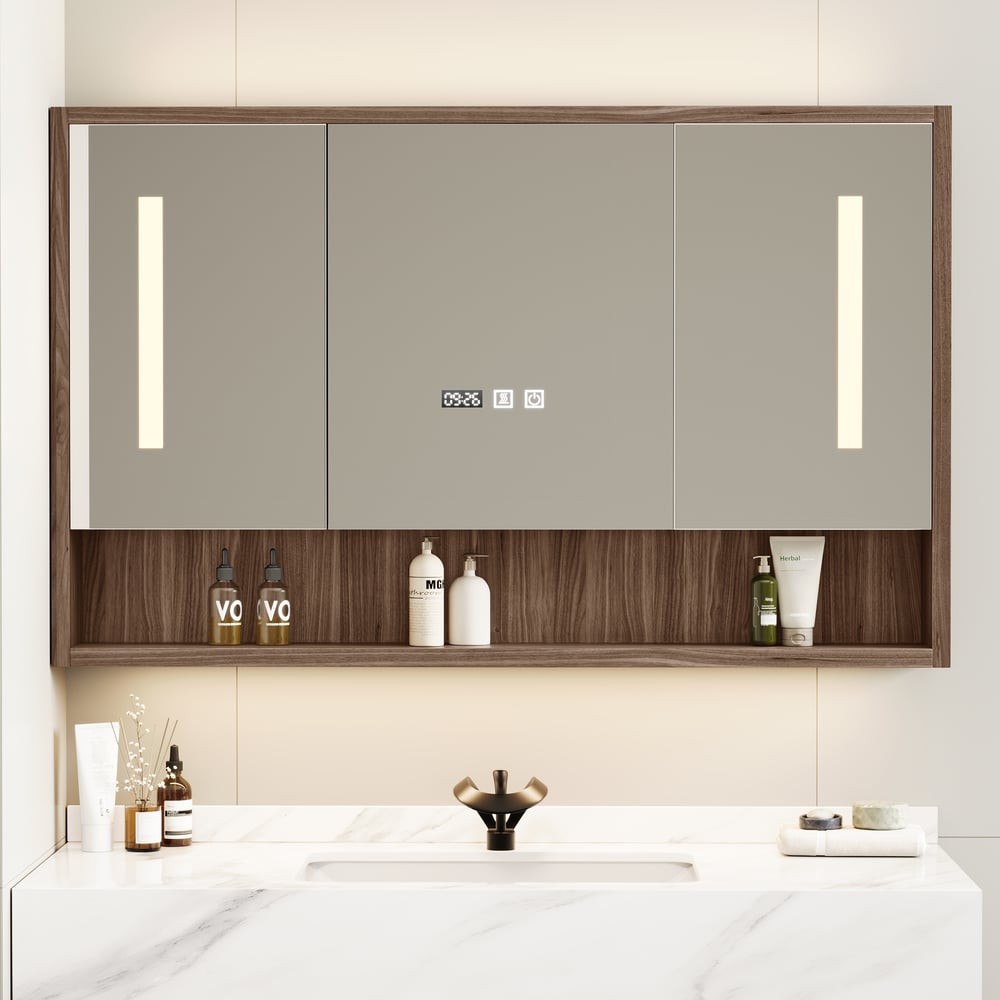 39" Walnut LED Medicine Cabinet with Adjustable Lighting, Demister and Digital Clock window image