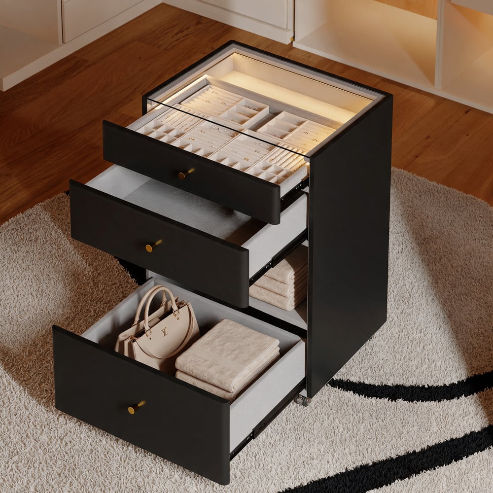 Selvo Walk-In Closet Island Jewelry Dresser with Glass Top & Light window image