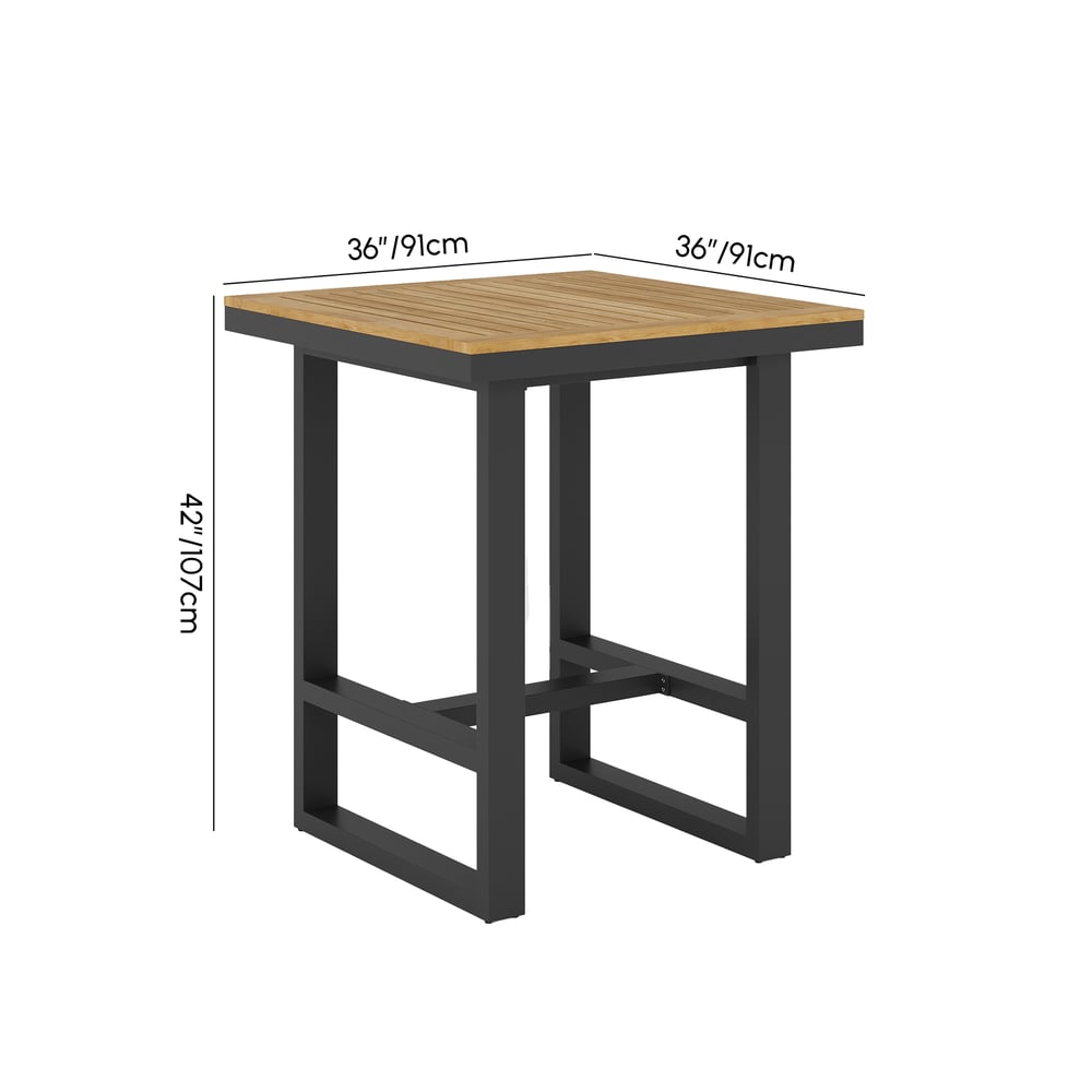 Tevara Outdoor Square Bar Table with Teak Wood Slat Top & Aluminium Frame in Dark Grey weights dimensions image