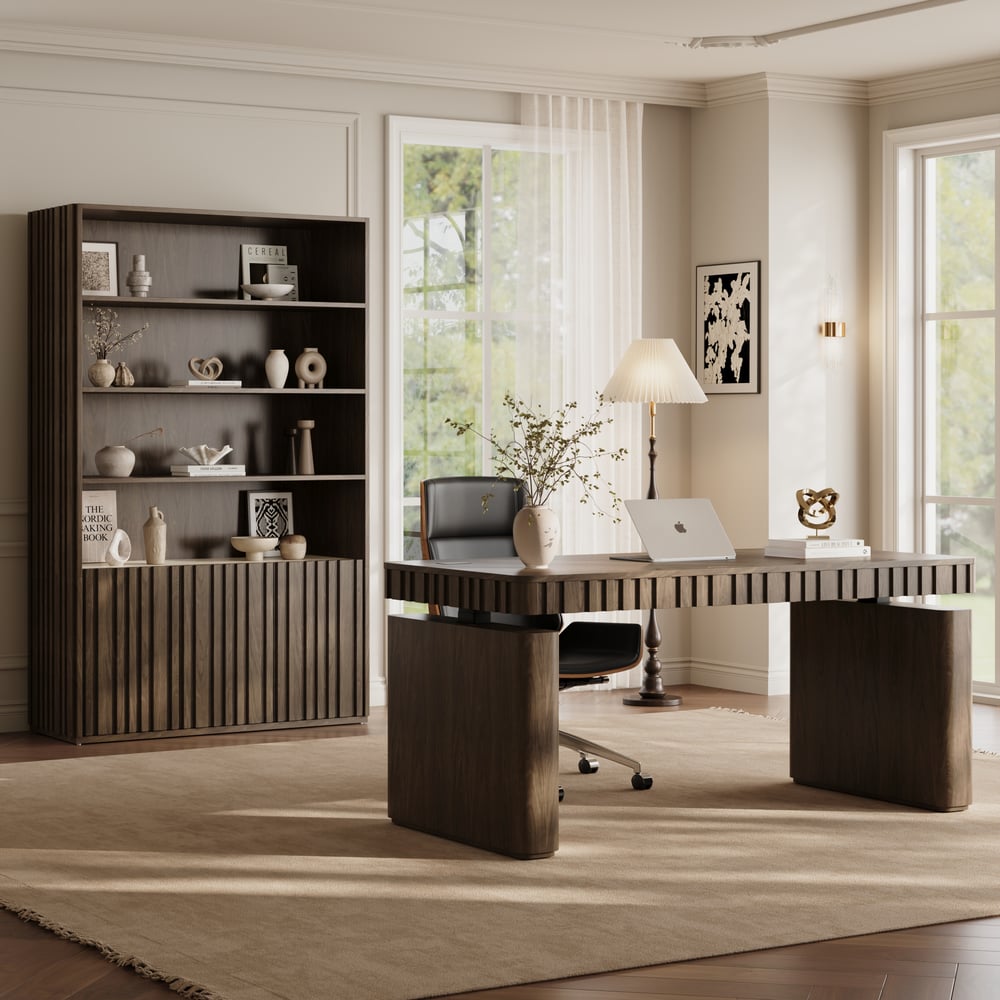 Aura 47" Ash Wood Fluted Bookcase With Sintered Stone Top window image