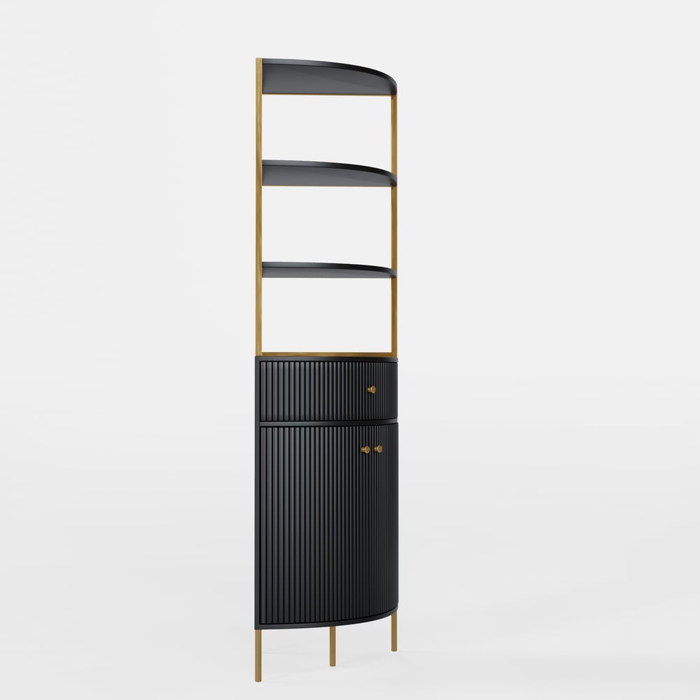 Modern 75" Black Corner Etagere Bookshelf with Drawer and 2-Door Cabinet window image