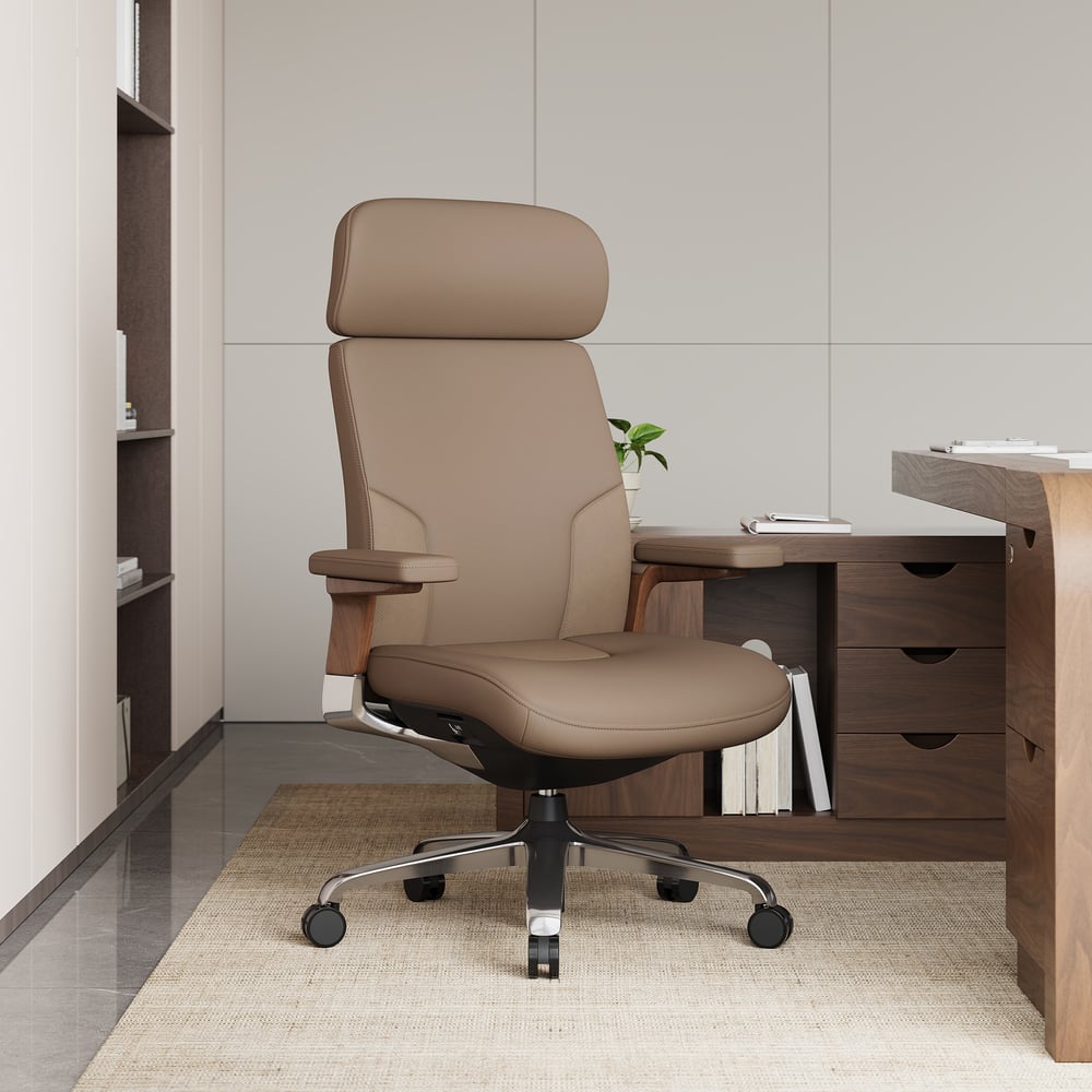 Khaki Genuine Leather Swivel Office Chair with Ergonomic Synchro-Tilt Recline System window image