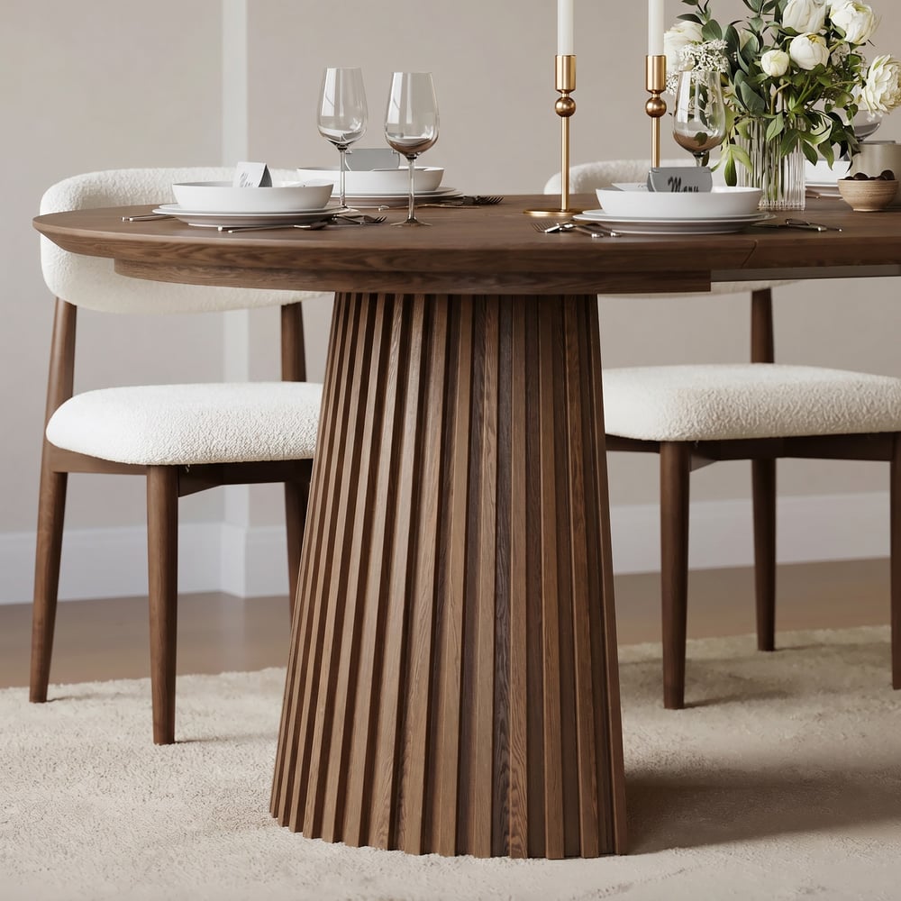 Modern 47"-79" Extendable Walnut Wood Dining Table with Fluted Base, Seats 4-6 window image