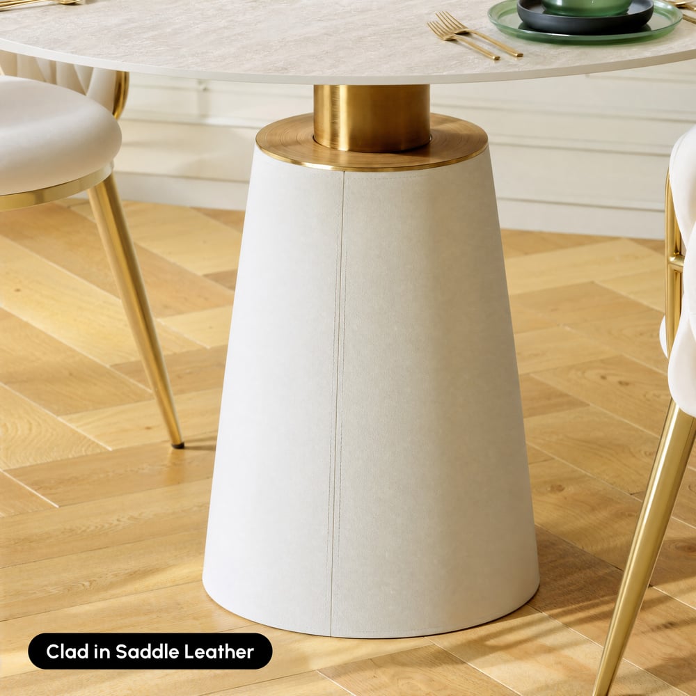 Modern 39" Round Faux Travertine Dining Table with Leather-Wrapped Base, Seats 2 window image