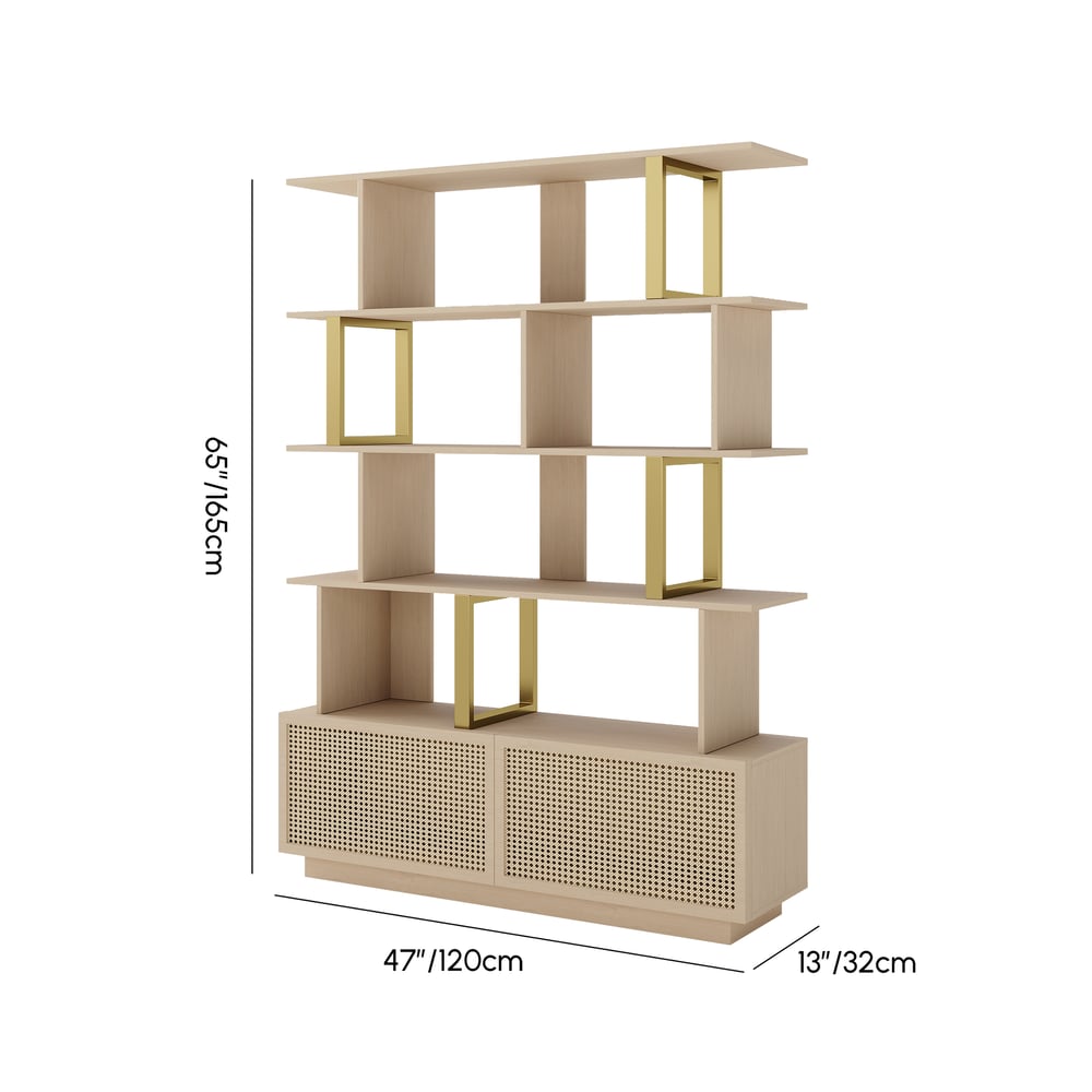 5-Tier Whitewash Bookshelf with 2 Drawers Wooden Bookcase in Gold (64.8" High) weights dimensions image