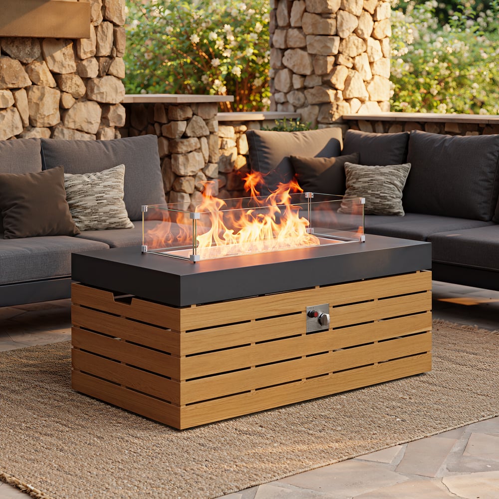 Tevara 47" 5-Piece Modular Teak Outdoor Sofa Set with Smokeless Fire Pit for 6 Person window image