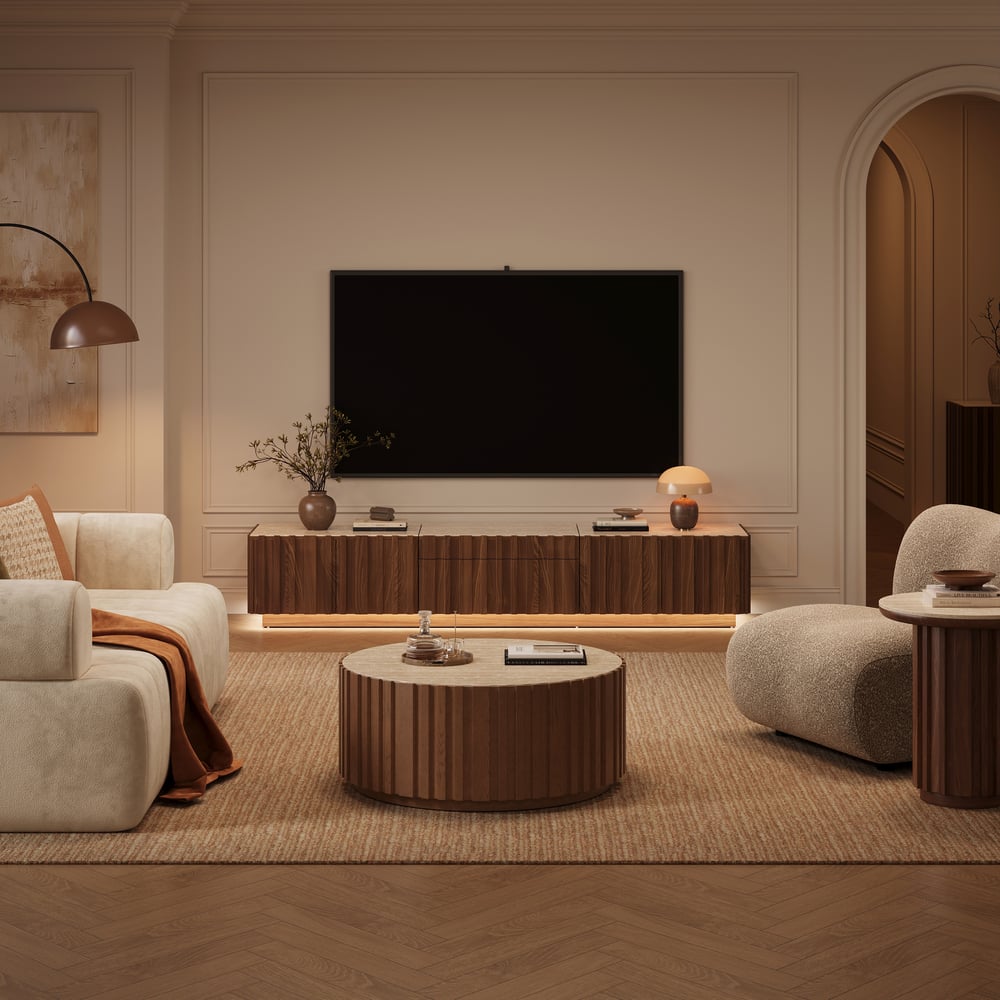 Aura 80" Ash Wood Fluted Walnut Projector TV Stand with Sintered Stone Top window image