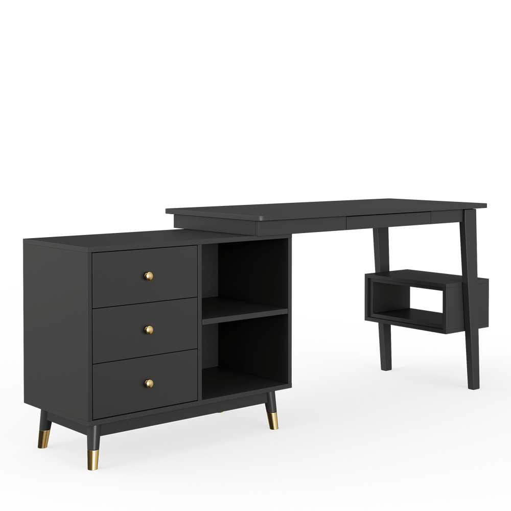 Ultic Matte Black L Shaped Home Office Desk & Faux Leather Office Chair Set with Wheels window image