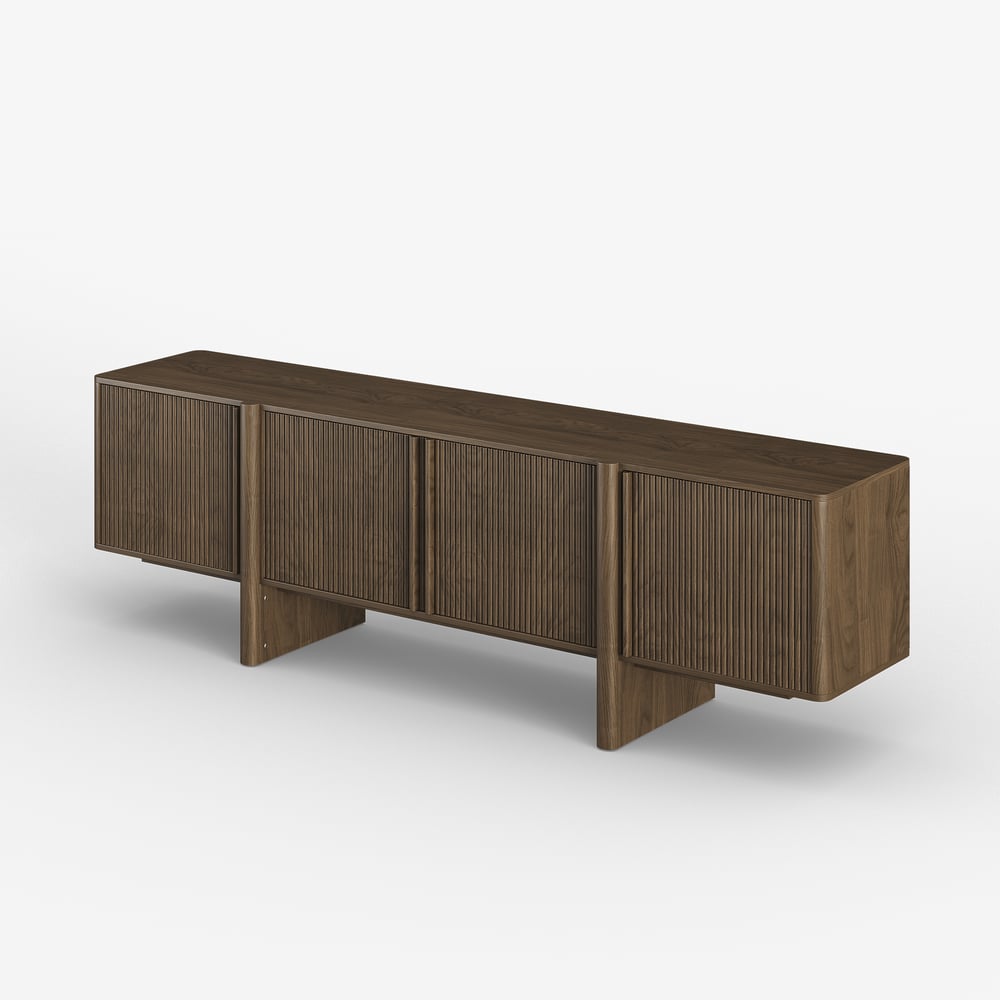 Lineva 80" Solid Wood Fluted Smoked Brown TV Stand with Cabinets window image