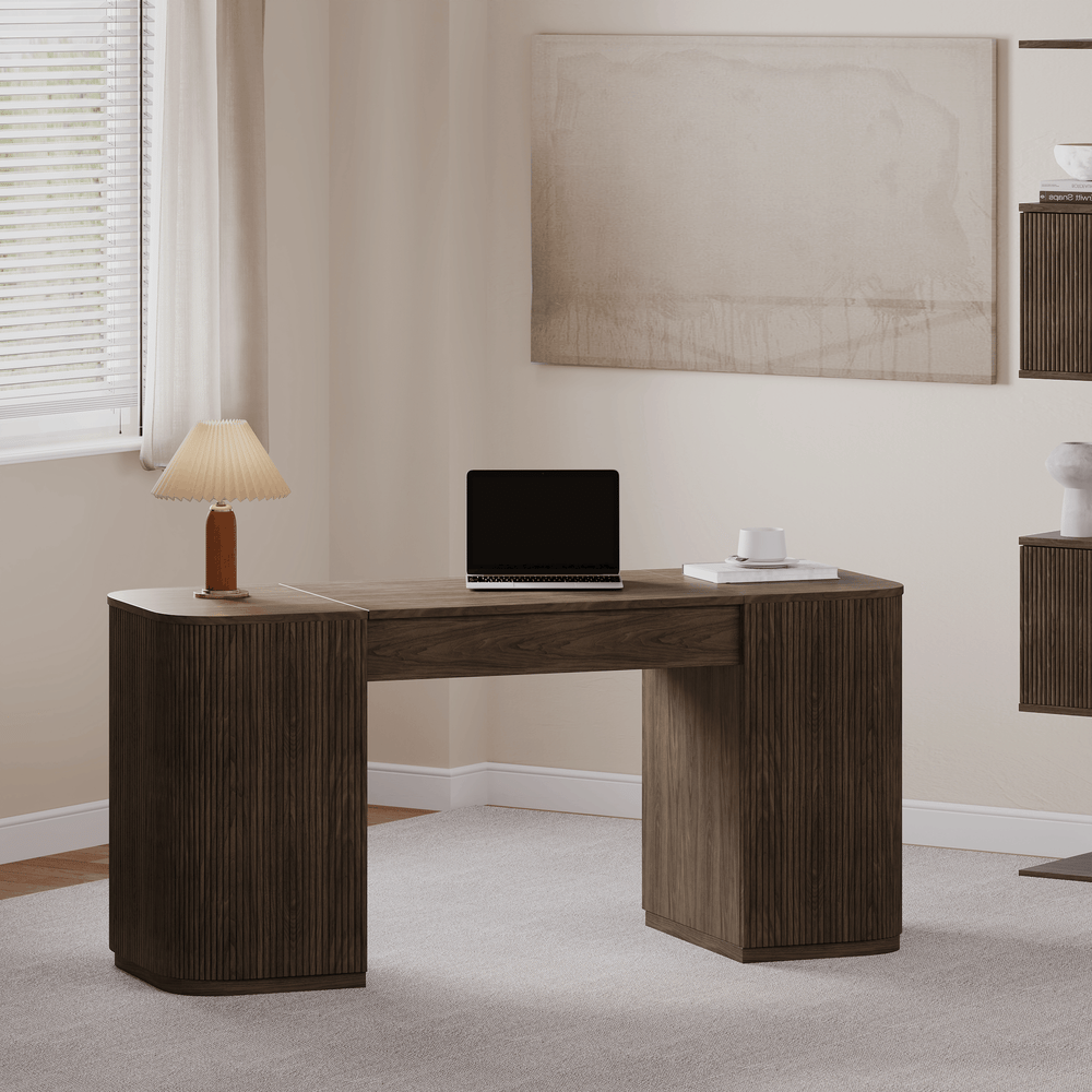 Velign 60" Walnut Standing Computer Desk with 2-Door Storage Cabinet window image