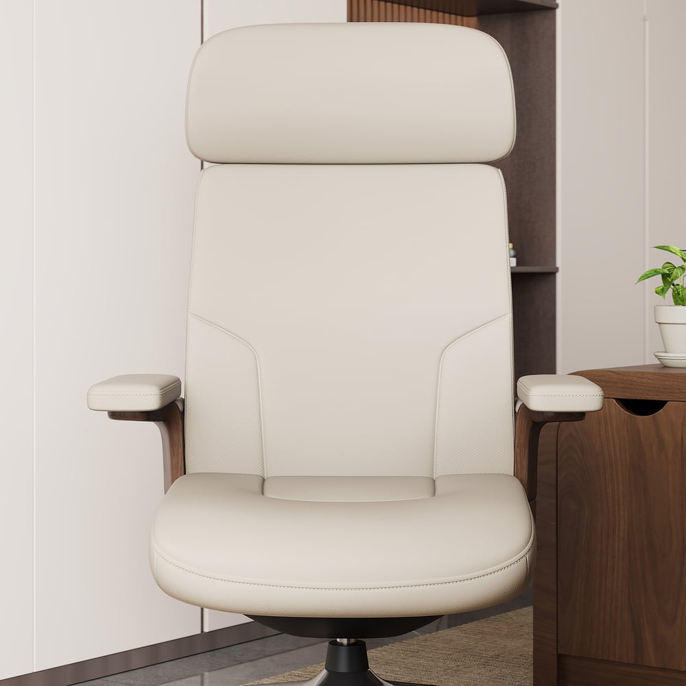 Ivory Genuine Leather Swivel Office Chair with Ergonomic Synchro-Tilt Recline System window image