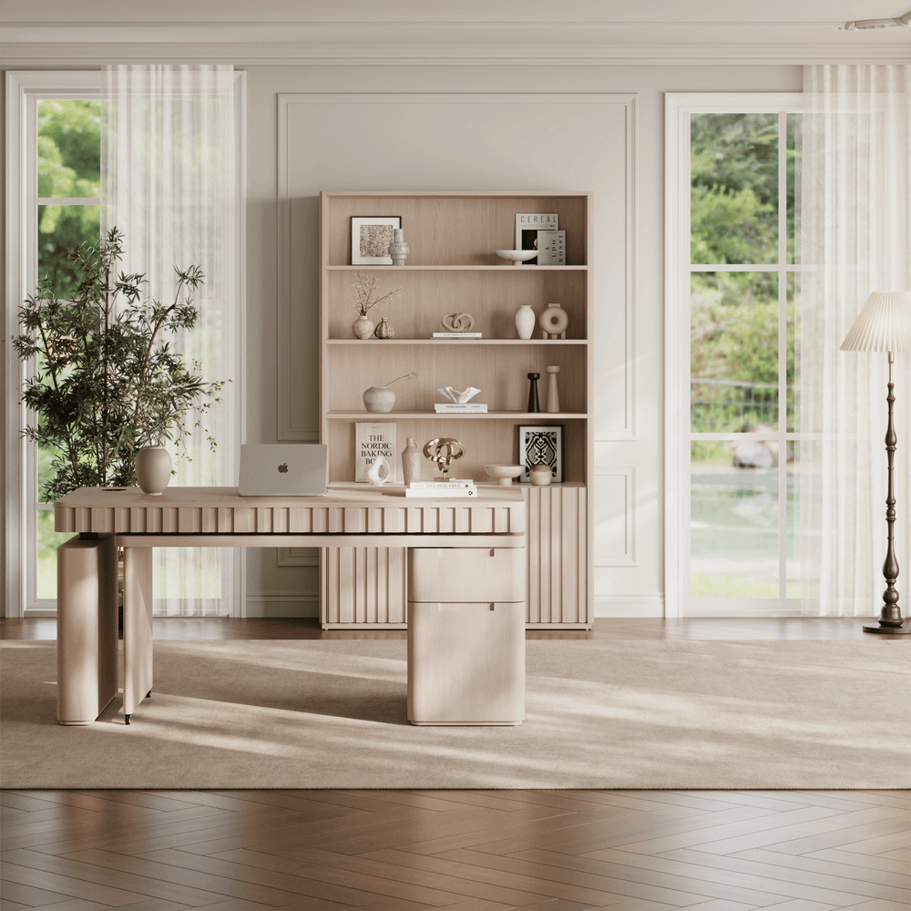 Aura 63" Whitewash Fluted 360-Degree Rotating Desk Electric Adjustable Standing Desk window image
