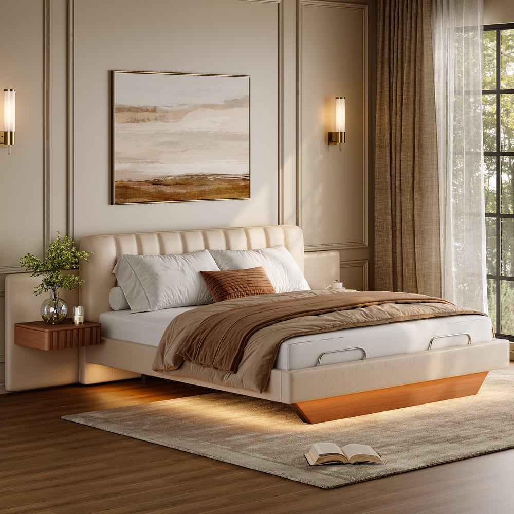 Genuine Leather Smart Bed Set With Adjustable Base And 2 Storage Nightstands window image