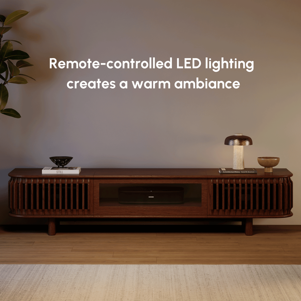 80" Ash Wood Fluted Walnut Projector TV Stand with LED window image