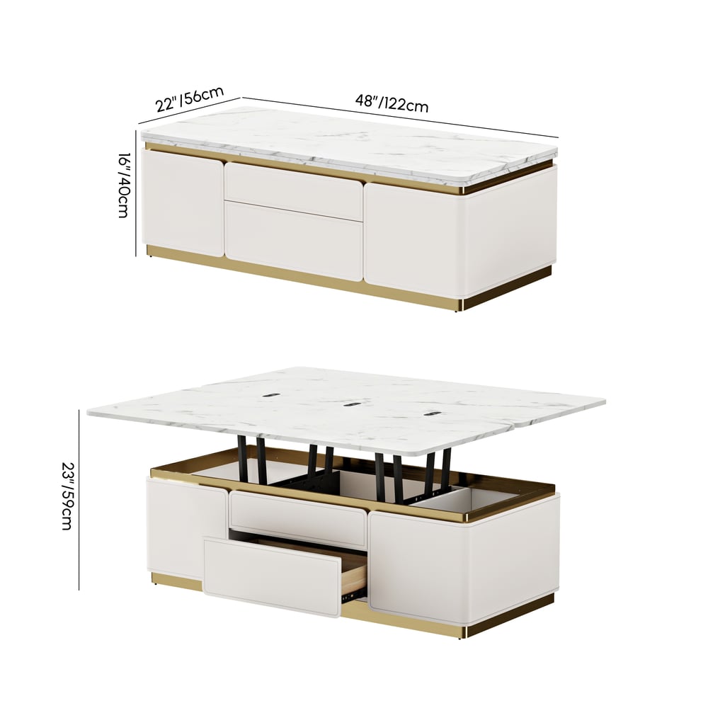 48" Ivory Saddle Leather Lift-Top Coffee Table with 2 Drawers weights dimensions image
