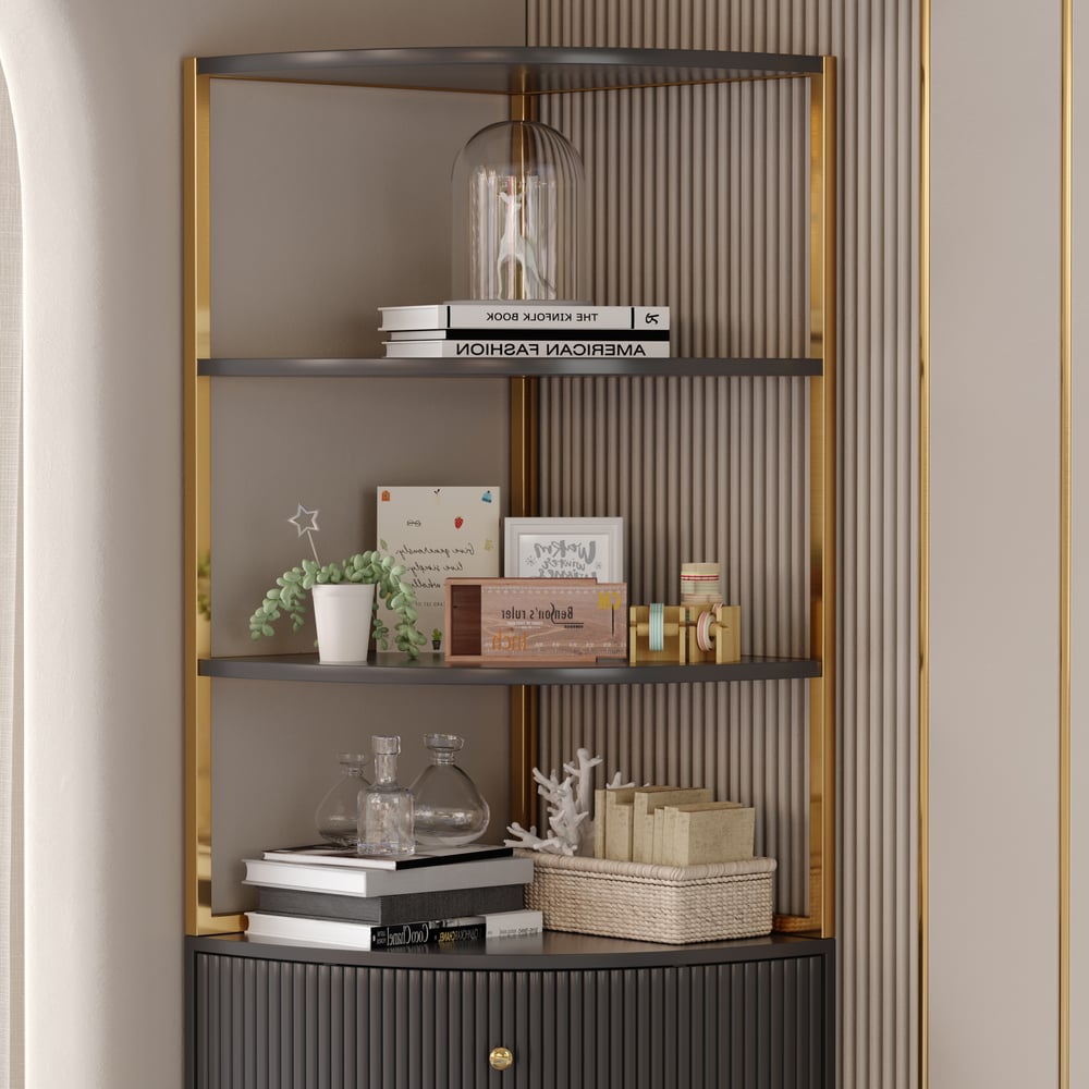 Modern 75" Black Corner Etagere Bookshelf with Drawer and 2-Door Cabinet window image