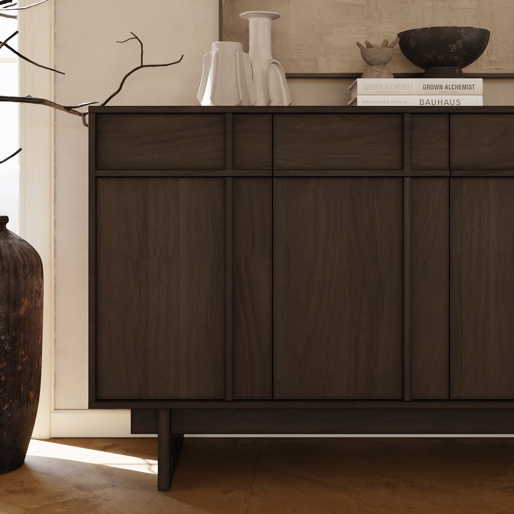 Panvyr Mid Century 60" Smoky Brown Wood Sideboard with Storage & Adjustable Shelves window image