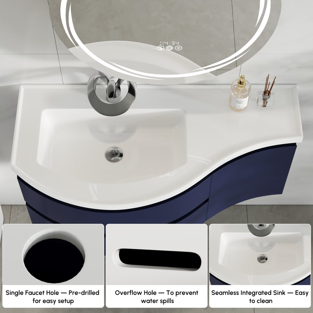 35" Navy Floating Single Curved Bathroom Vanity with Sink & Storage window image