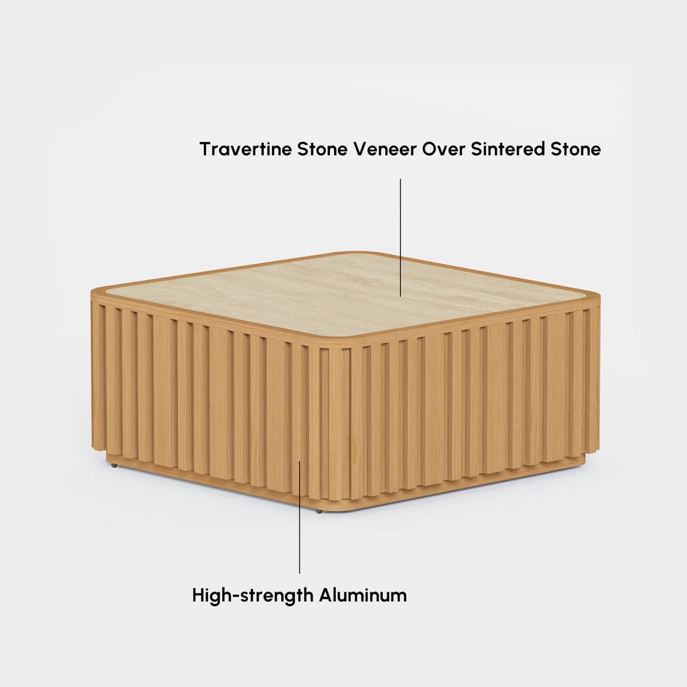 Table basse d'extérieur Flutera en aluminium cannelé avec plateau en pierre sintérisée image de fenêtre