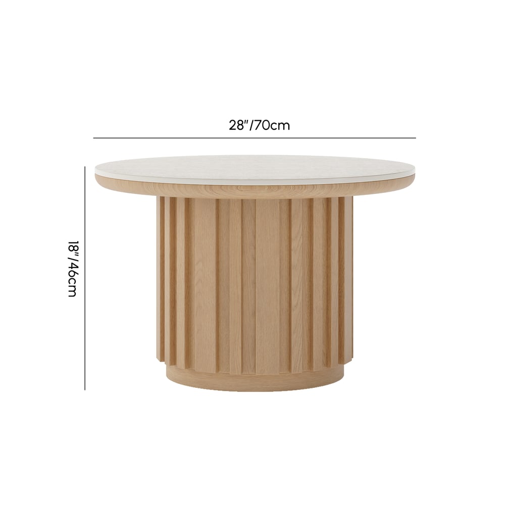 Table basse ronde à lattes en bois de frêne Aura avec plateau en pierre frittée Poids, dimensions, image