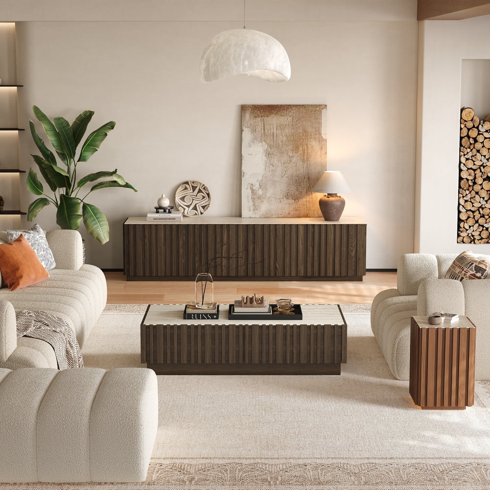 Aura 83" Ash Wood Fluted Smoked Brown TV Stand with Sintered Stone Top window image