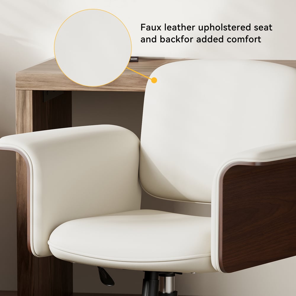 White L-Shaped Corner Desk with Storage & Warm White Faux Leather Office Chair window image