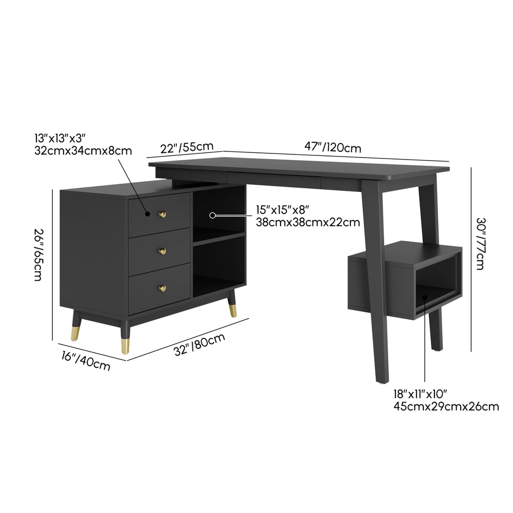 Ultic Matte Black L Shaped Home Office Desk & Faux Leather Office Chair Set with Wheels weights dimensions image