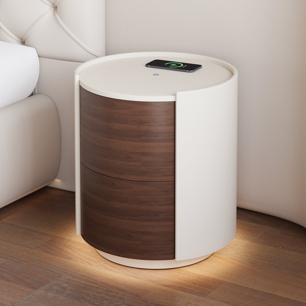 Modern Saddle Leather 2-Drawer Nightstand with Charging Station & Light window image