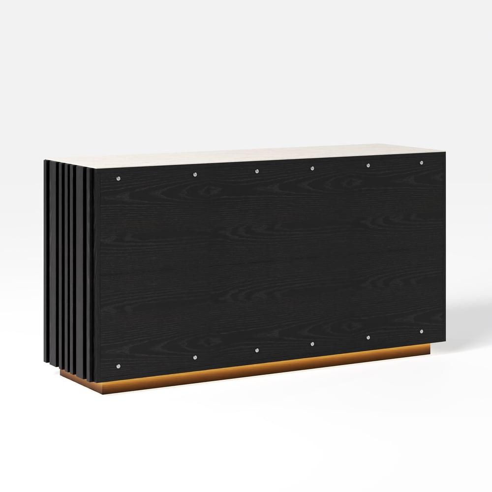 Aura 60" Black Faux Travertine Sideboard with Ash Wood Slatted Doors & LED Light window image