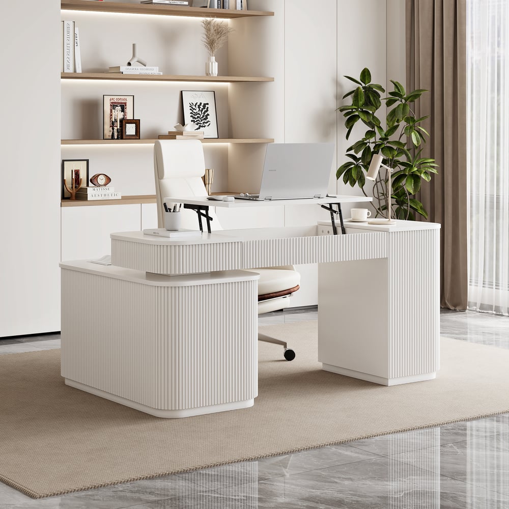 Velign 65" L-Shape White Executive Desk with Right-Side Cabinet window image