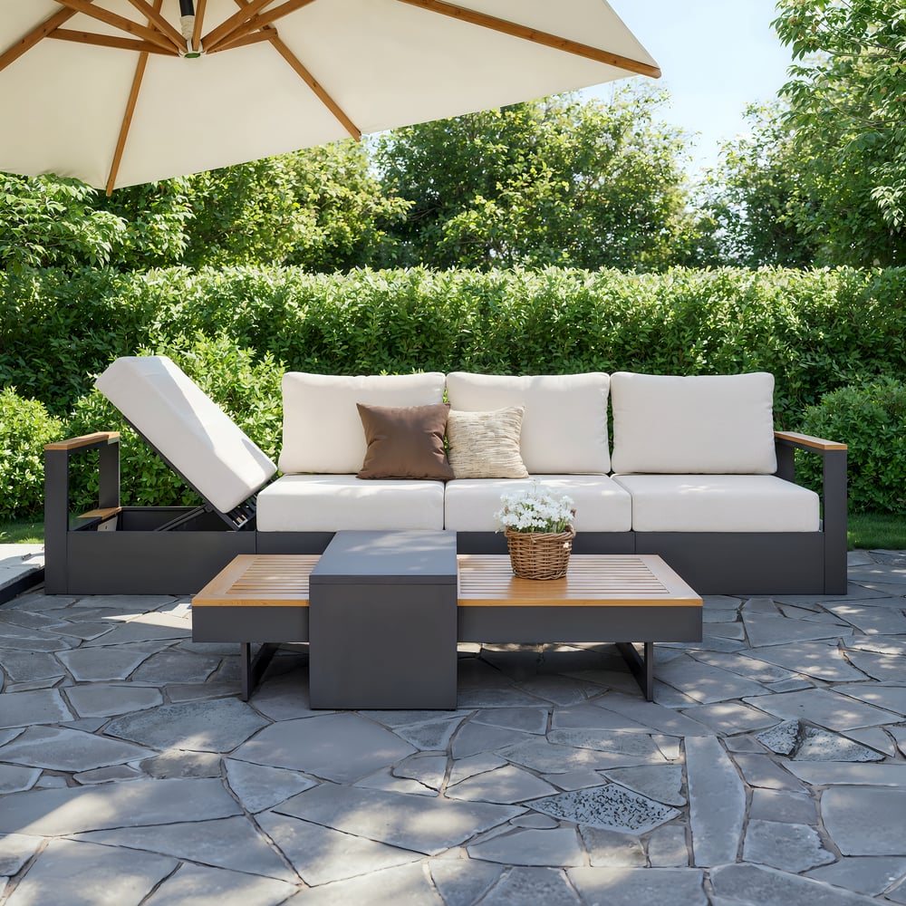 Tevara 6-Person Outdoor Sofa Set with Wood & Aluminum Frame, Dark Gray & Warm White window image