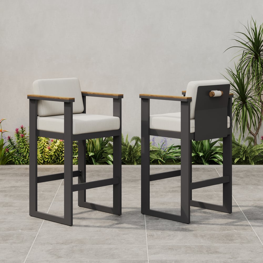 Tevara Outdoor Aluminum Frame & Teak Wood Armrest Bar Stools in Warm White, Set of 2 window image