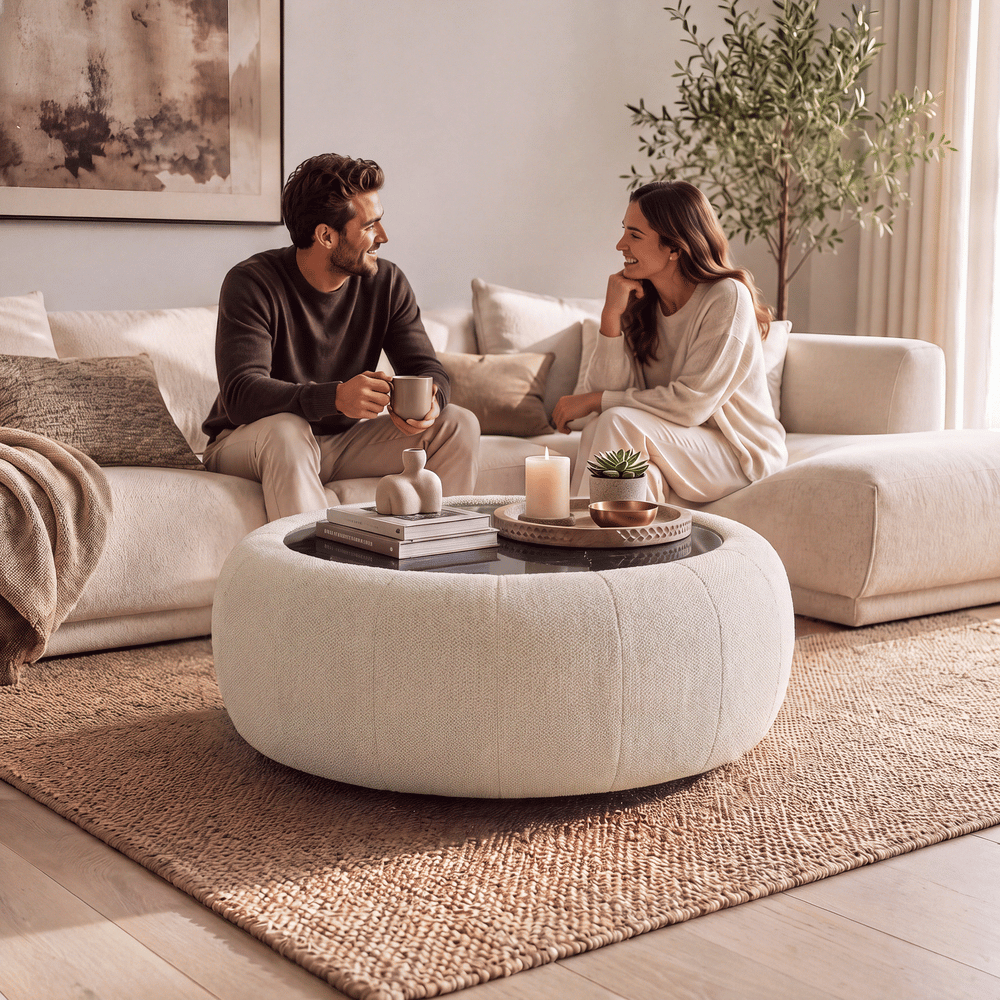 Modern 39" Round Performance Chenille Ottoman Coffee Table with Hidden Storage window image