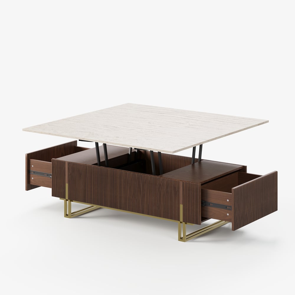 Table basse relevable Grovyn de 47,2" avec finition cannelée et 2 tiroirs image de fenêtre