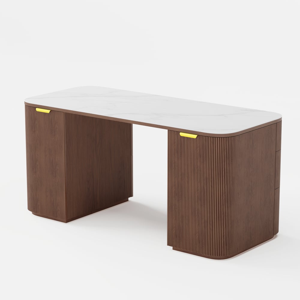 Bureau rectangulaire en noyer, frêne et pierre frittée avec 6 tiroirs (1620mm) image de fenêtre