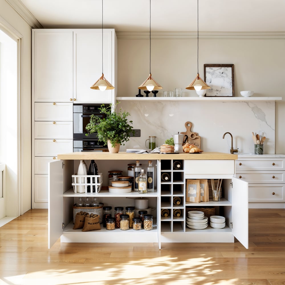 72" Japandi Style Wood Kitchen Island with Multi-Storage and LED Light Natural & White window image