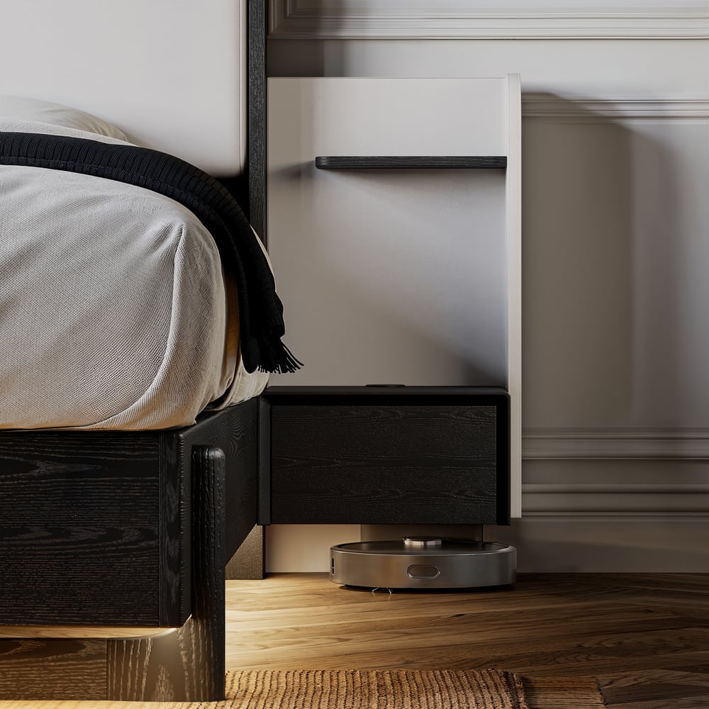 Massief houten kingsize bed met leren verlengd hoofdbord en zwevende slimme nachtkastjes set Vensterafbeelding
