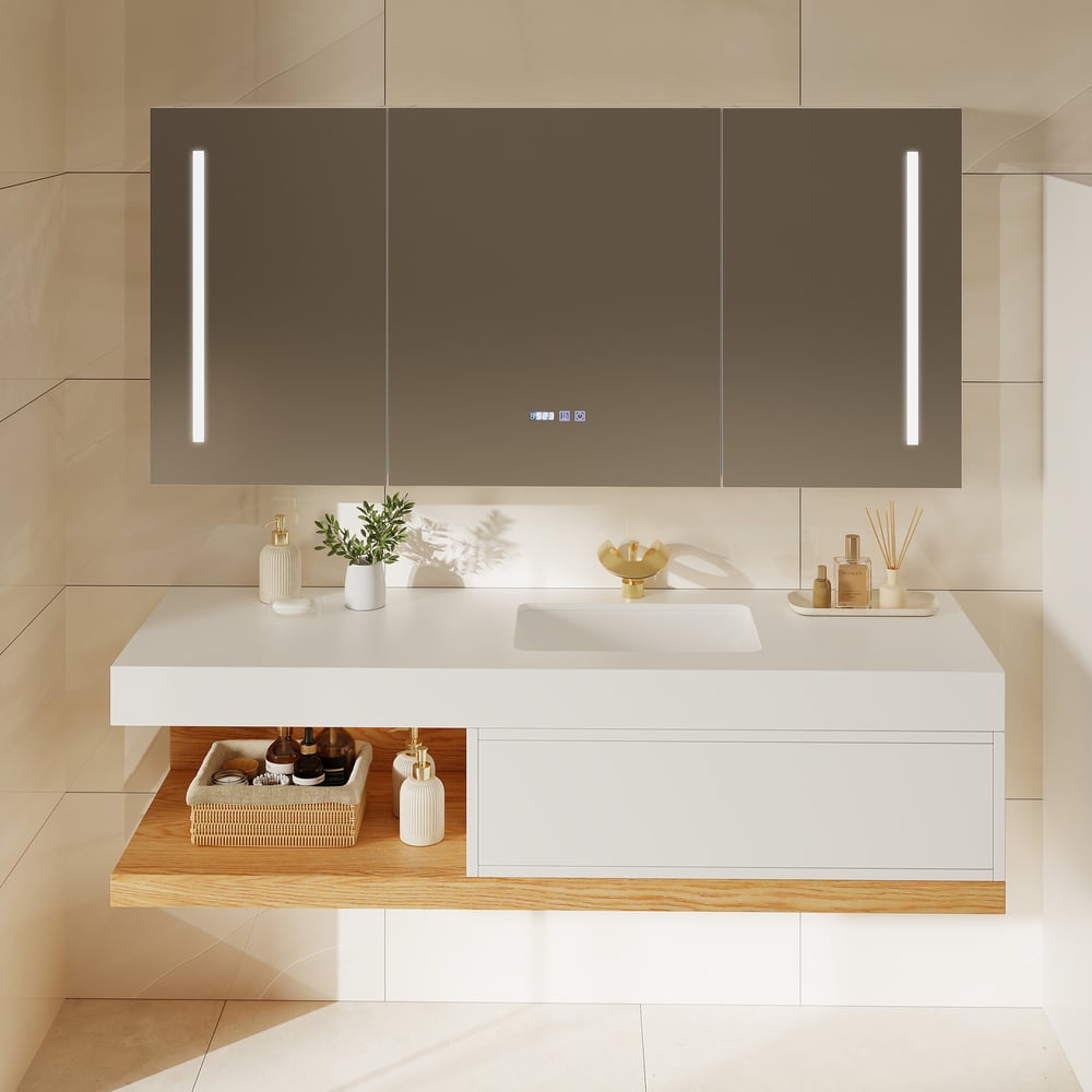 59" Floating Bathroom Vanity & LED Medicine Cabinet Set window image