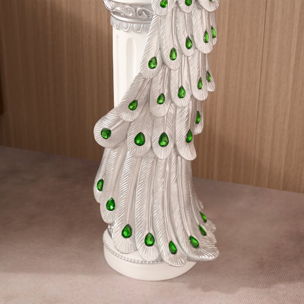 27.6" Srebrna Statua Pawia z Diamentowymi Akcentami – Luksusowa Rzeźba Pawia z Żywicy obraz okna