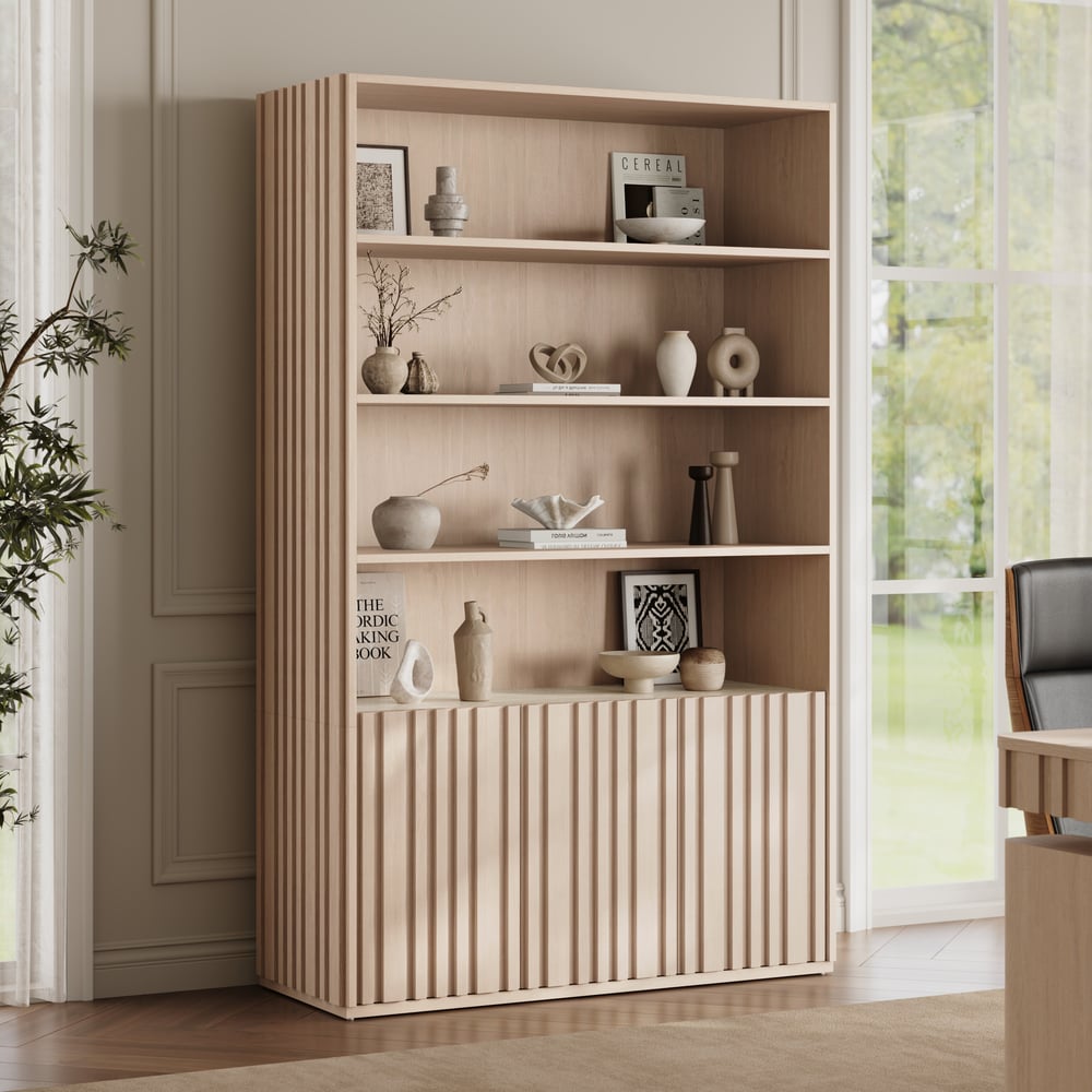 Aura 120cm Boekenkast van Essenhout met Gegroefde Details en Blad van Sintersteen Vensterafbeelding
