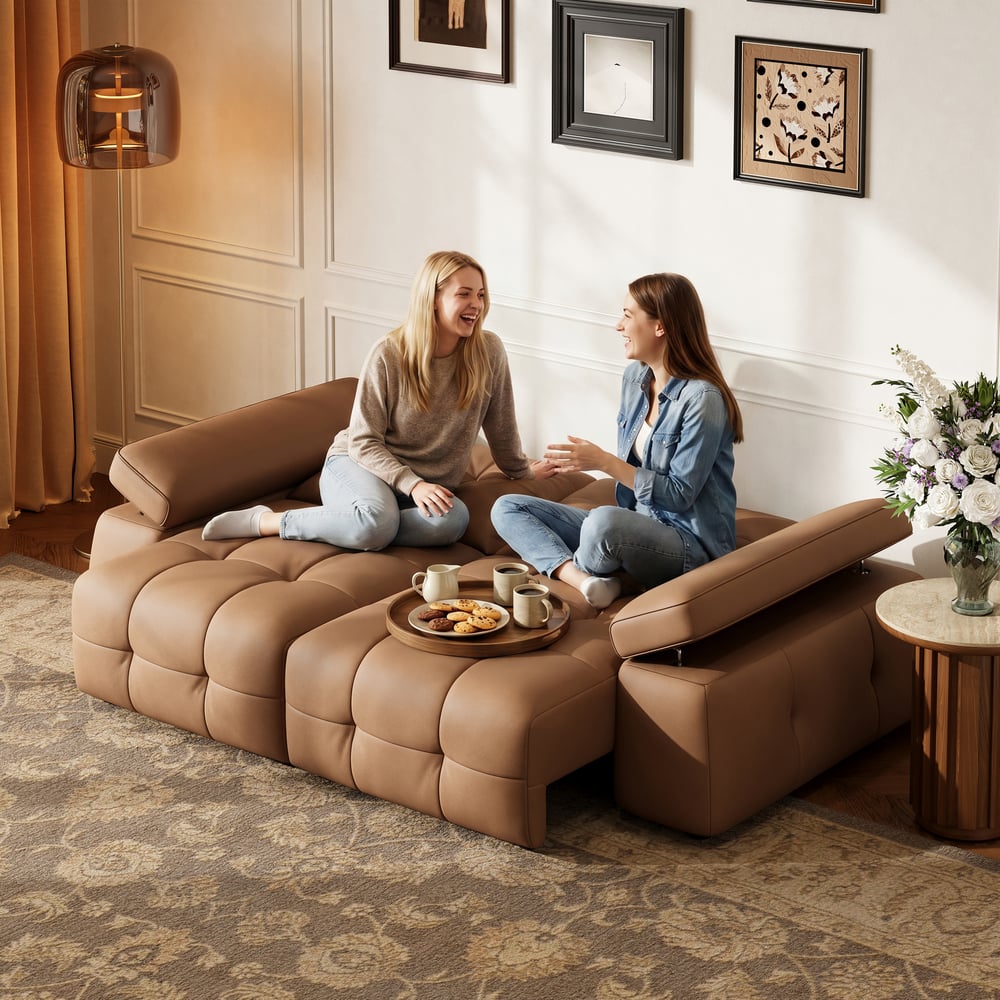 95" 2-Seater Genuine Leather Power Convertible Sleeper Sofa with adjustable armrests window image