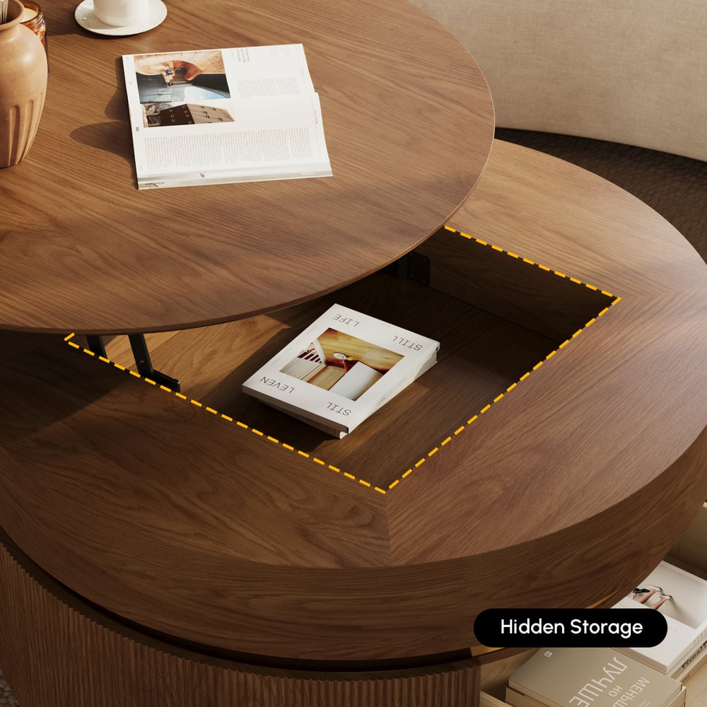 Table basse ronde en noyer à plateau relevable cannelé de 32 pouces avec 2 tiroirs image de fenêtre