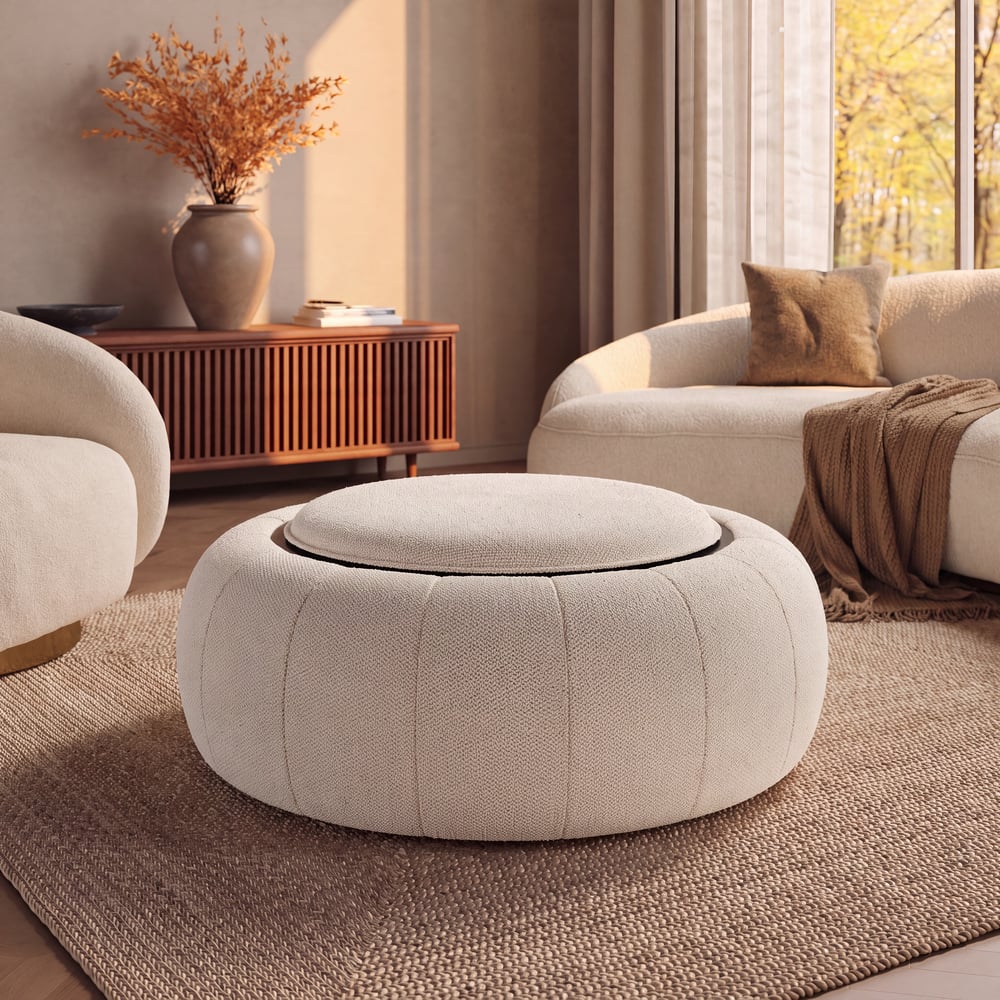 Modern 39" Round Performance Chenille Ottoman Coffee Table with Hidden Storage window image