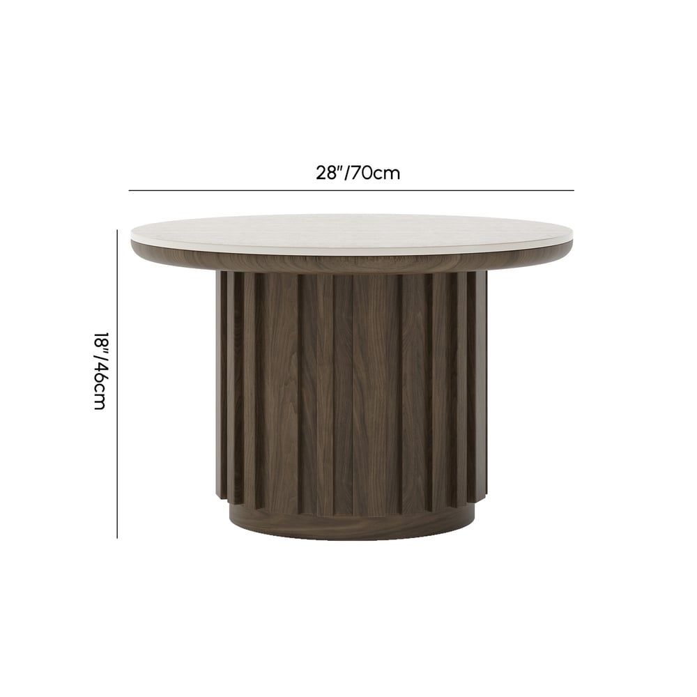 Table basse ronde à lattes en bois de frêne Aura avec plateau en pierre frittée Poids, dimensions, image