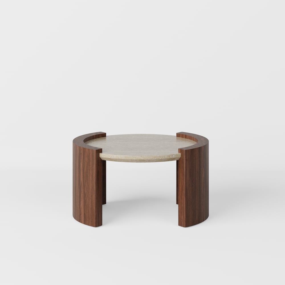 Table basse ronde en noyer de 28 pouces avec plateau en travertin image de fenêtre
